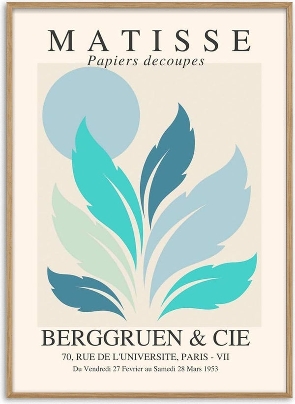 Abstract blue and teal leaf shapes with a circular sun, inspired by Matisse, on a beige background.
