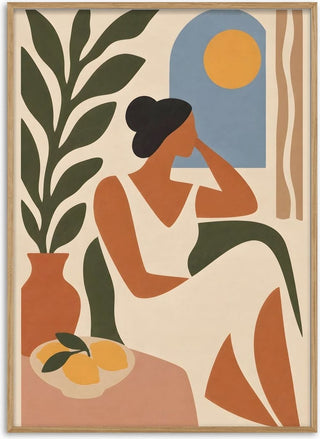 Matisse-Inspired Contemplative Afternoon – Minimalist Woman with Lemons and Sunlight | Warm Modern Wall Art - TimlessArtworks