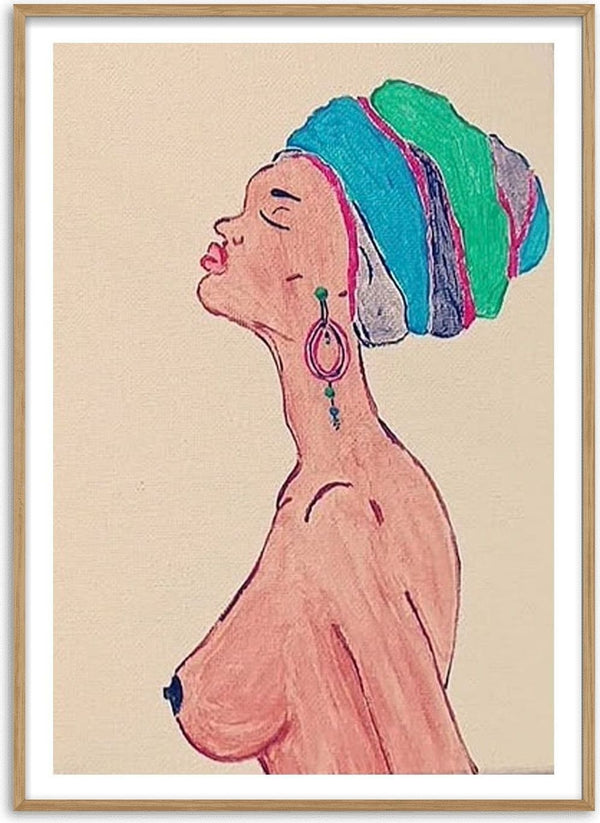 Melanin & Moonlight by Bibi - a woman in profile with a turquoise and pink headwrap on cream