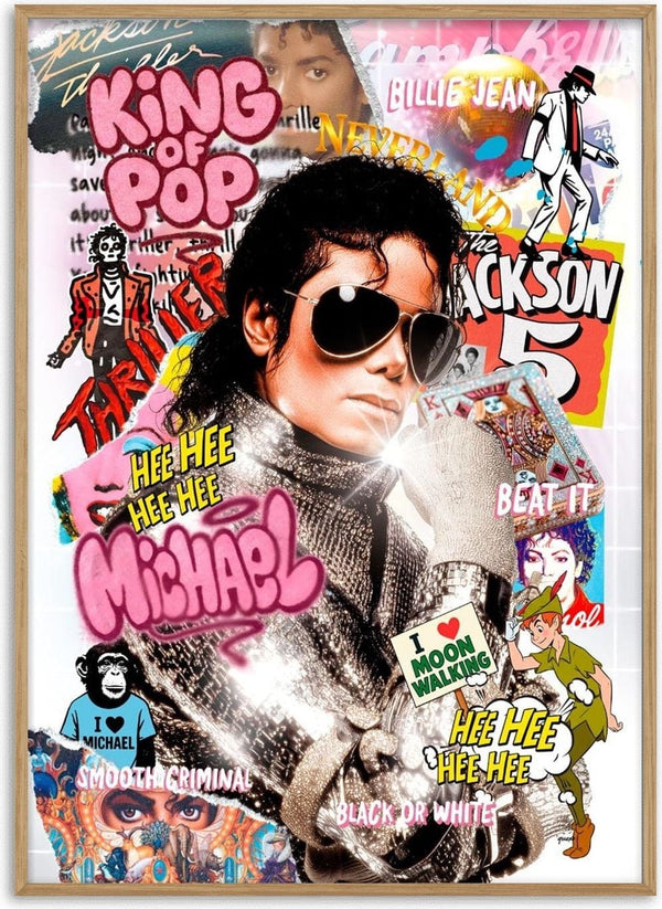 Collage of Michael Jackson with iconic images, album covers, and pop art references on a vibrant product page.