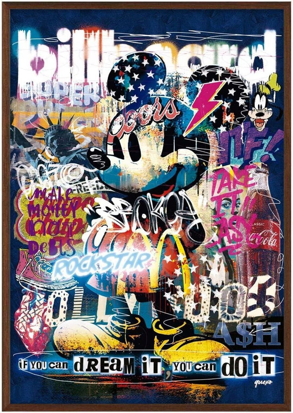 Colorful graffiti-style art of Mickey Mouse with bold text and various pop culture elements, by Ricardo Noble.