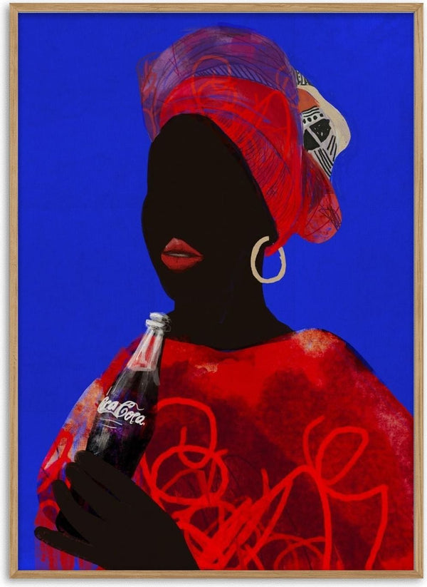 Mmapula by Monyuri - woman in a red head wrap holding a Coca-Cola bottle on cobalt blue