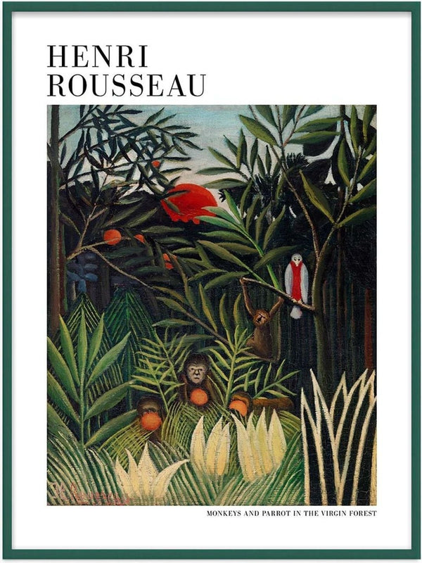 Monkeys and a parrot among lush jungle foliage in Henri Rousseau's painting, featured on a product page.