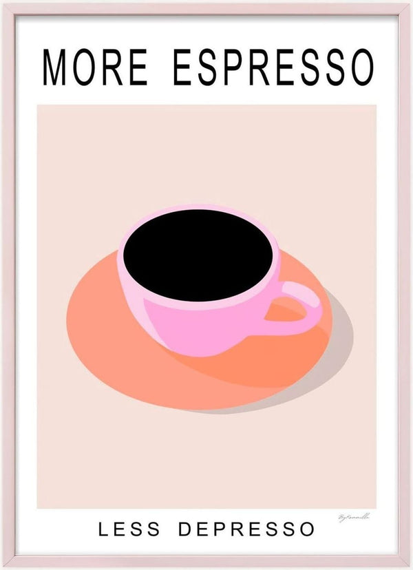 Pink coffee cup filled with espresso on a peach background, text reads "More Espresso Less Depresso" by ByKammille.