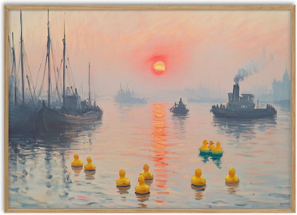 Morning quack by Dikhotomy - yellow rubber ducks floating in a misty Impressionist harbour at sunrise