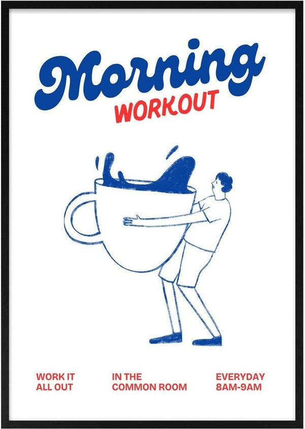 Illustration of a person lifting a giant coffee cup with the text "Morning Workout - Coffee Love" above.