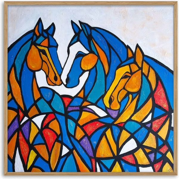 Mosaic Mares by Igor Kotnik Art - three horses in a cobalt, orange and gold stained-glass mosaic
