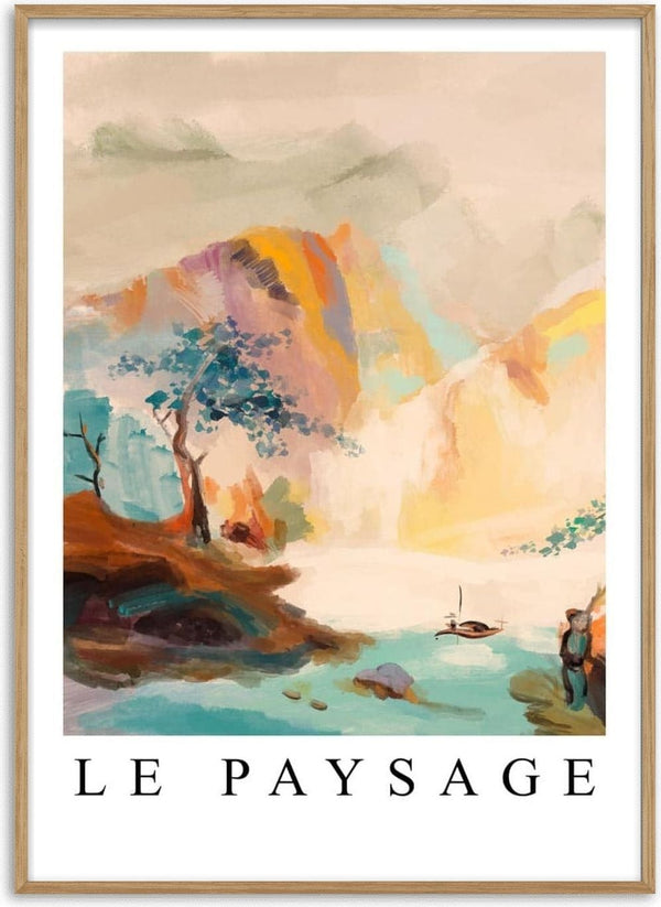 Colorful mountain landscape with trees and water, painted in a dreamy style. Text reads "Le Paysage" below.