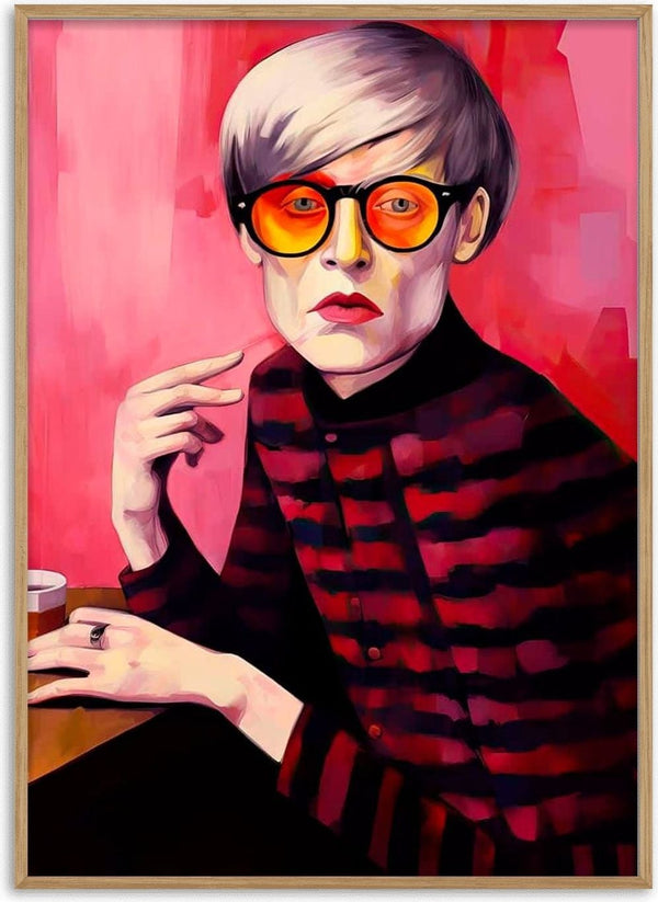 A stylized portrait of Mr. Andy Warhol - Tara Green wearing orange glasses and a striped shirt against a pink background.