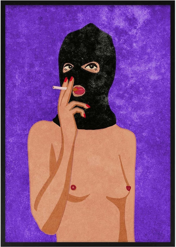 Illustration of a topless figure in a black mask smoking, on the cover of "My Body is not a Crime" by Raissa Oltmanns.