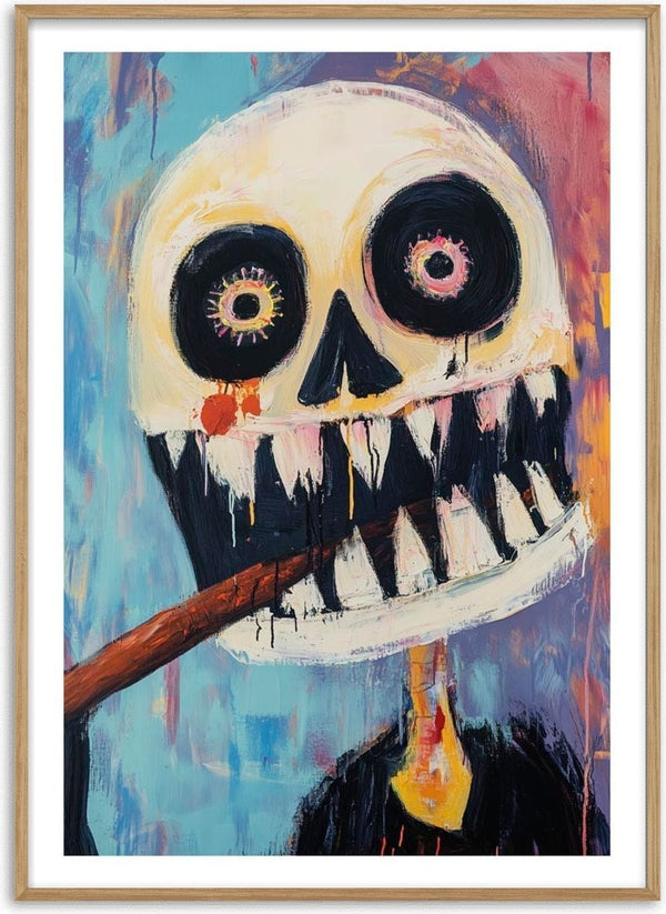 Abstract painting of a skeleton with sharp teeth and wide eyes, holding a cigar in its mouth on the My Cigar product page.