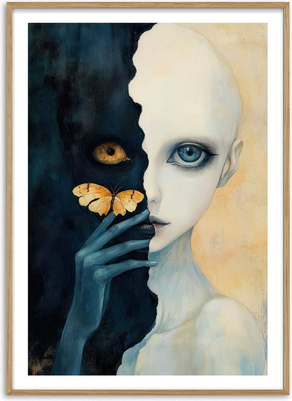 Surreal portrait for My Secret Butterfly by Martin Zen, featuring a half-masked face, large eye, and butterfly.