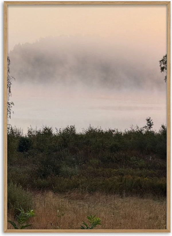 När älvorna dansar by Ljilja Marinic - mist lying over a lake at dawn above dark green scrub