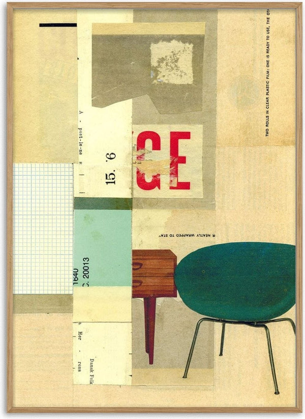 Neatly Wrapped by Kareem Rizk - layered aged paper with a teal moulded chair and a wooden side table