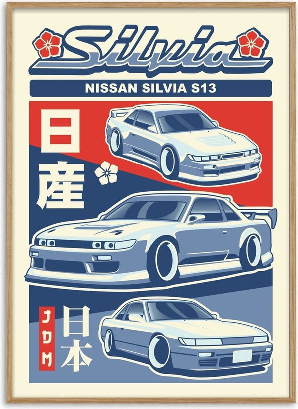 Nissan Silvia S13 by Kaminarirace - three views of the Silvia S13 on red and navy panels