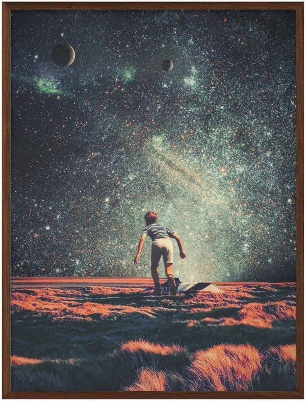 Surreal art of a boy running through a field under a vibrant, star-filled cosmic sky by Frank Moth.