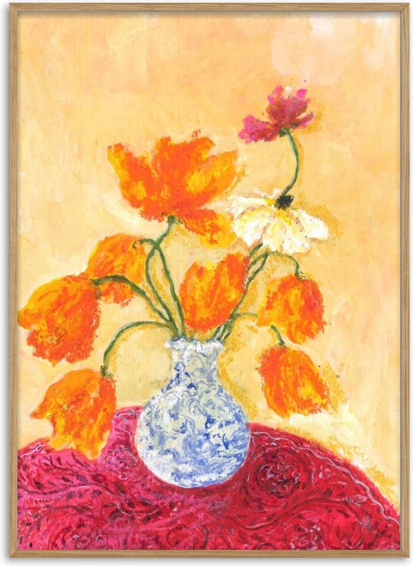 November Tulips by Deblina Dey - orange tulips in a blue-and-white vase on a crimson cloth