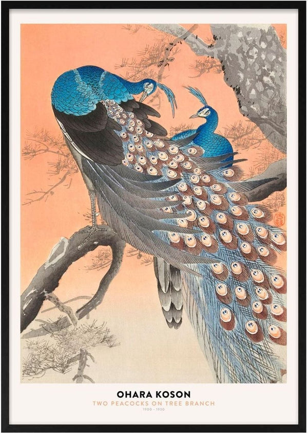 Two vibrant peacocks perched on a tree branch in traditional Japanese art style.