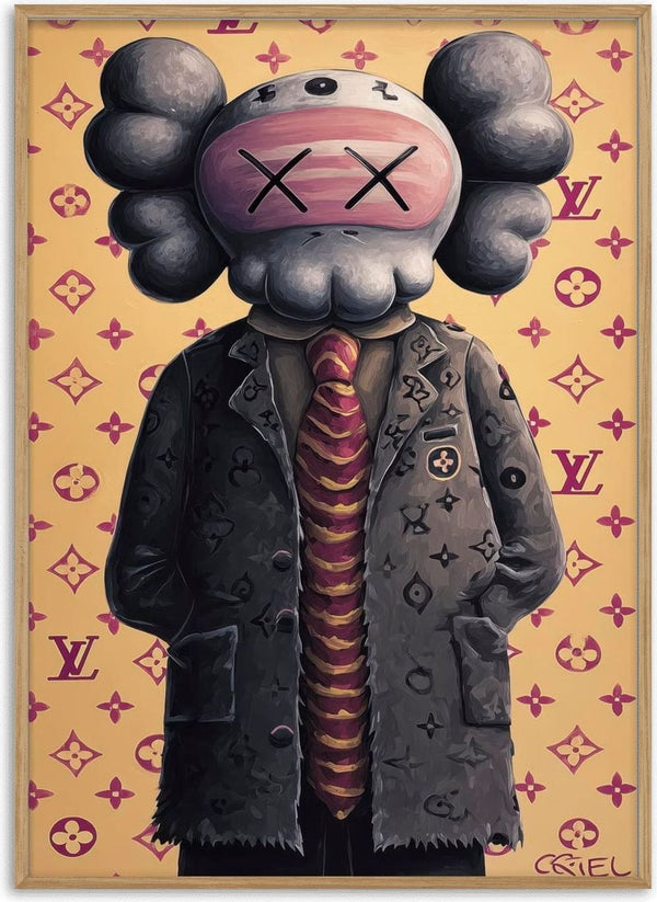 Old School Kaws figure in a suit with a striped tie, set against a luxury brand patterned background.