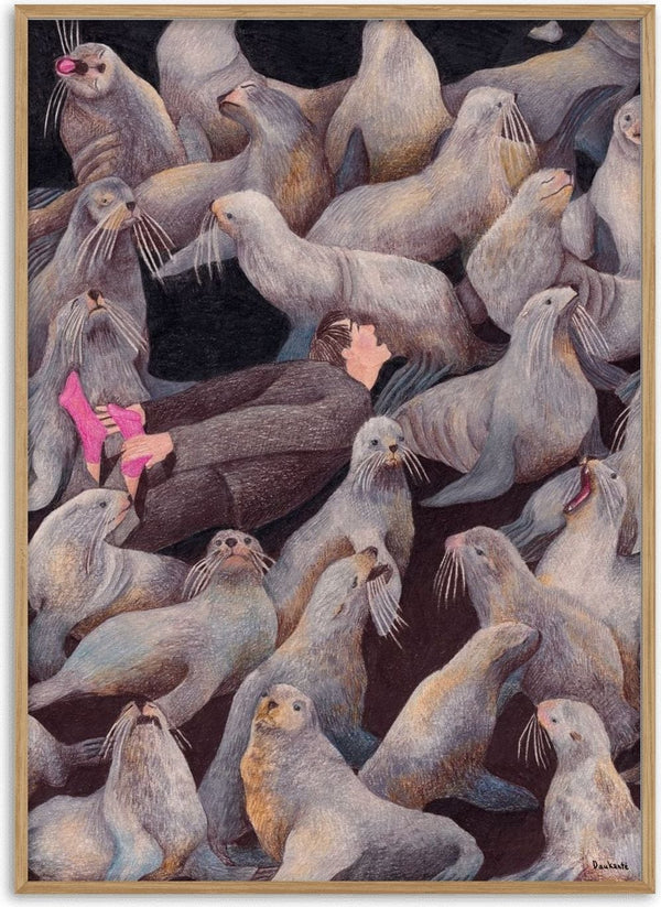 One with Nature by Daukantė - person in pink fins lying among fur seals
