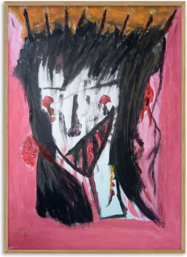 Onschuldig Wezen - Innocent Creature by Mizo - a face in heavy black strokes on rose pink