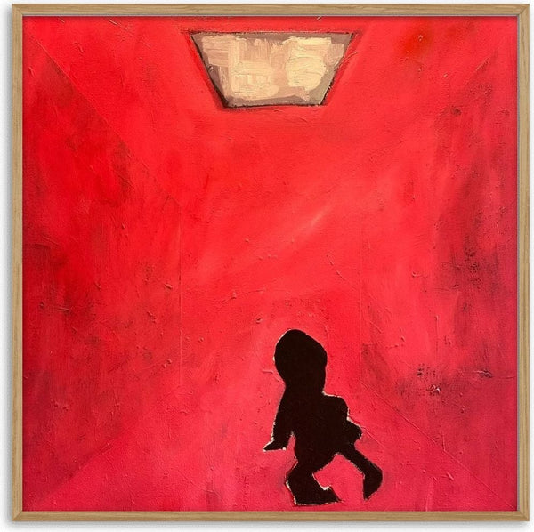 Out there, a softer sky by Nectarios Livisianos - small figure in a red room under a cloudy skylight