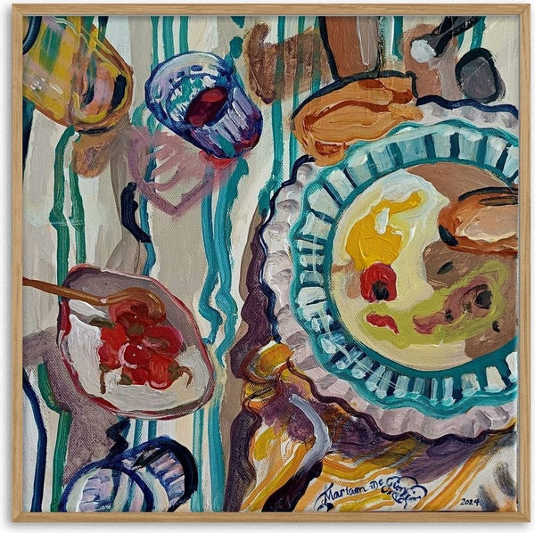 Outdoor breakfast by Mariam De Giorgio - tart, red berries and bread on a teal-striped cream cloth from above