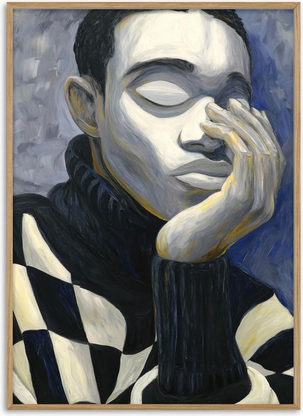 Painting of a person with closed eyes and hand on face, wearing a black-and-white checkered sweater.