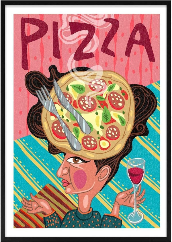 Colorful illustration of a woman with a steaming pizza as a hat, holding wine, text "PIZZA" above.