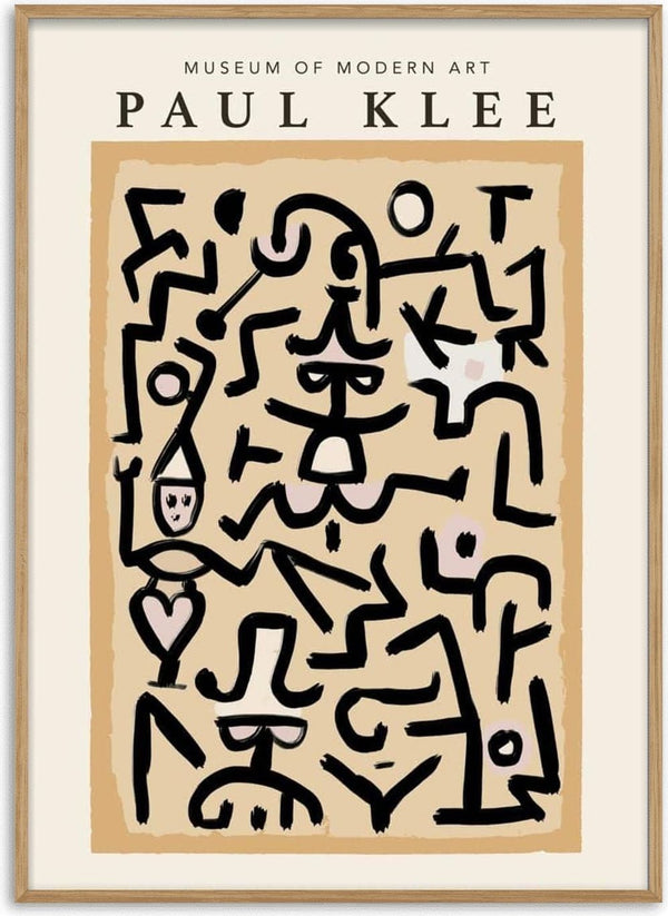 Abstract Paul Klee art poster with black line figures on a beige background, featured for living room decor.