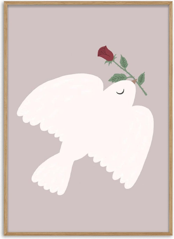 Minimalist illustration of a white dove carrying a red rose against a dusty pink background.