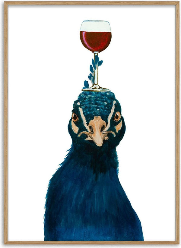 A blue peacock balancing a glass of red wine on its head, artwork by Coco de Paris.