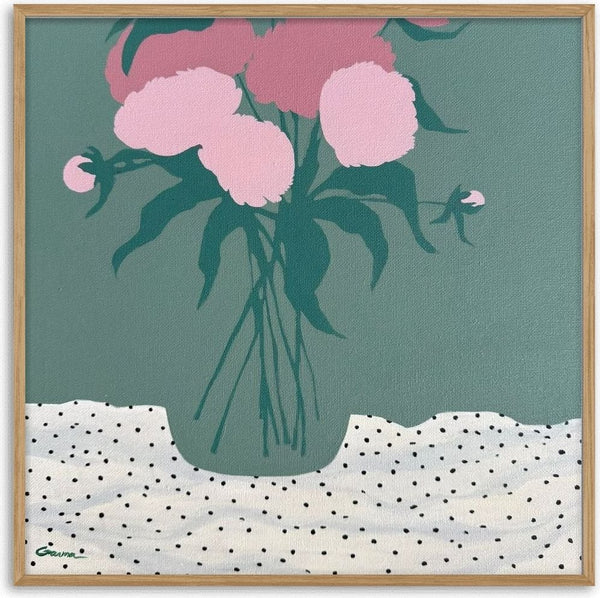 Peonies by Elva Garma - pink peonies in a teal vase on a white polka-dot cloth