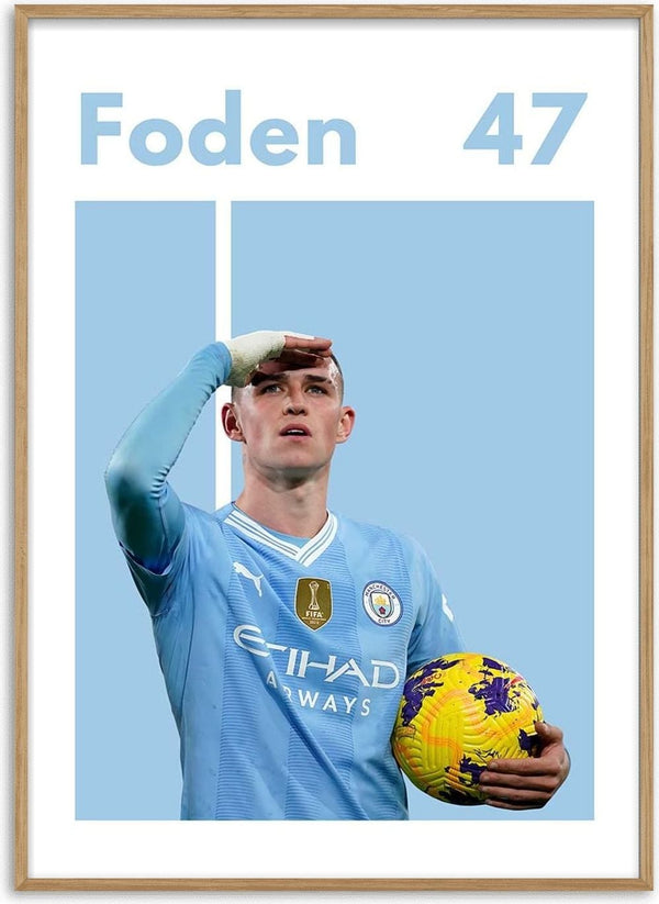 Phil Foden in Man City kit holding a football, with "Foden 47" text, featured on a poster.