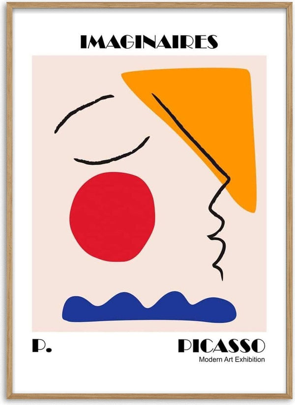 Abstract Picasso-inspired face with bold shapes and colors, Imaginaires Exhibition Plakat displayed on a product page.