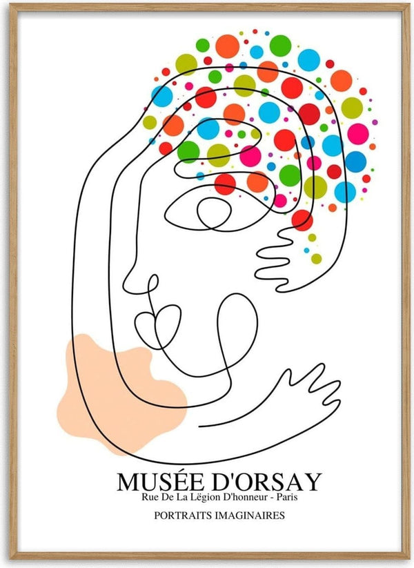 Picasso-inspired abstract face with colorful dots, titled "Portraits Imaginaires" at Musée d'Orsay poster.