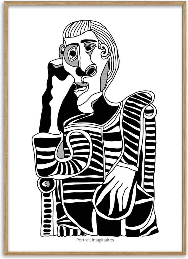 Black and white abstract line portrait inspired by Picasso, featuring geometric shapes and expressive facial features.