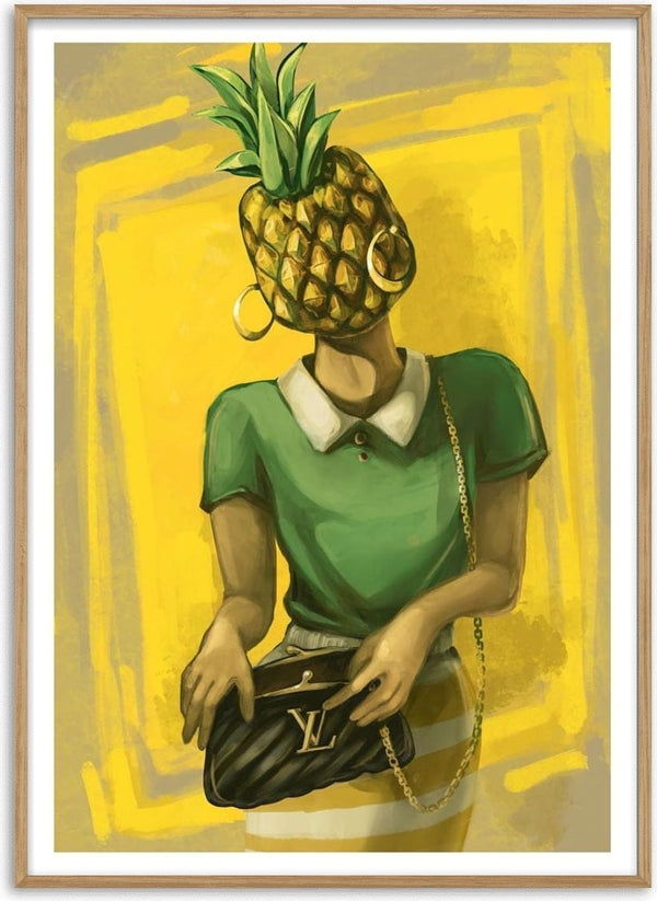 Illustration of a woman with a pineapple head, gold earrings, green top, and holding a designer handbag.