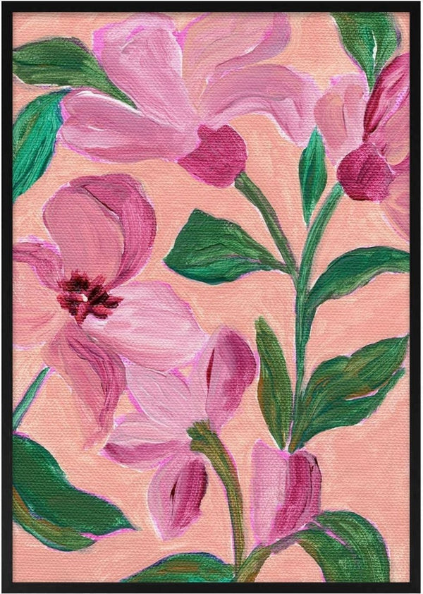 Painting of pink flowers with bold green leaves on a soft peach background.