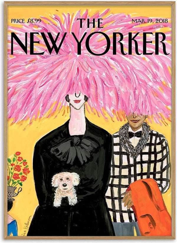 Illustration of a person with large pink hair wearing black, holding a white dog—featured on Pink Hair Plakat product page.