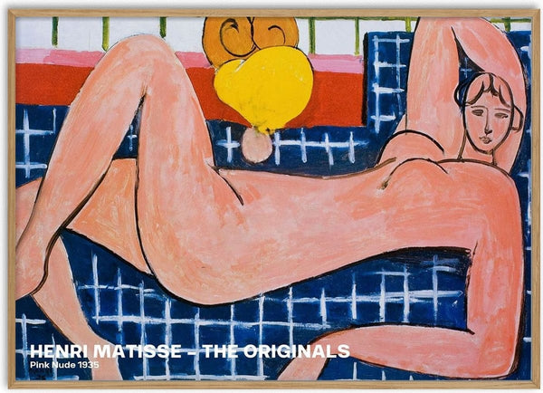 Abstract painting of a reclining nude woman on a blue patterned background, by Henri Matisse, 1935.