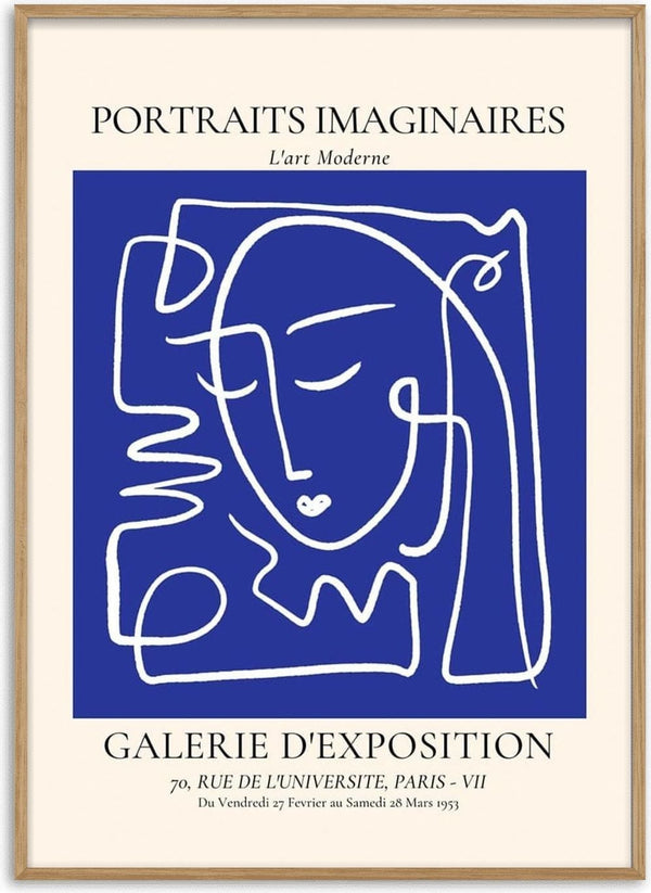 Abstract blue and white line art portrait with text "Portraits Imaginaires" featured on a gallery exhibition poster.