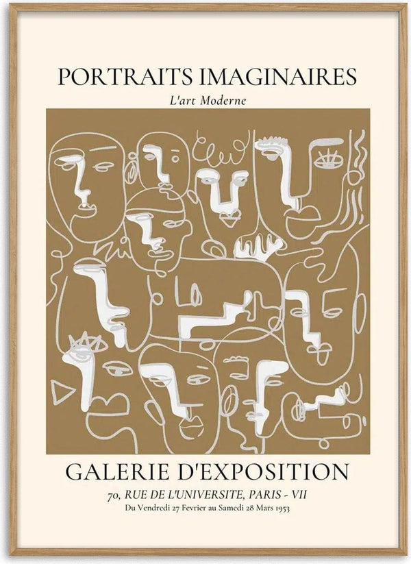Abstract line art faces on a brown background for Portraits Imaginaires Brown Plakat product page.