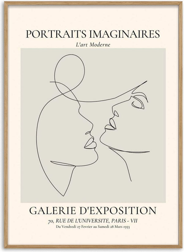 Minimalist line drawing of two abstract faces about to kiss, featured on the Portraits Imaginaires Kiss No. 2 Plakat.