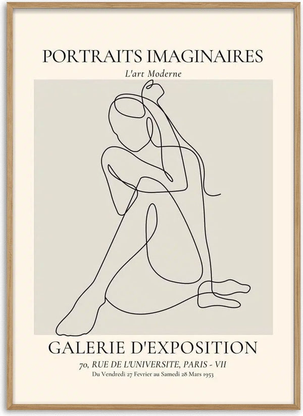 Minimalist line art of a seated woman on a beige background with "Portraits Imaginaires" text above.