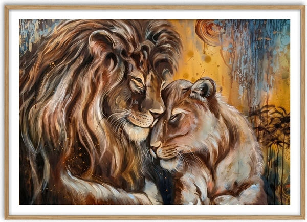 Protective Instinct by Elisa Kay - a lion and a lioness resting their heads together against a golden yellow ground