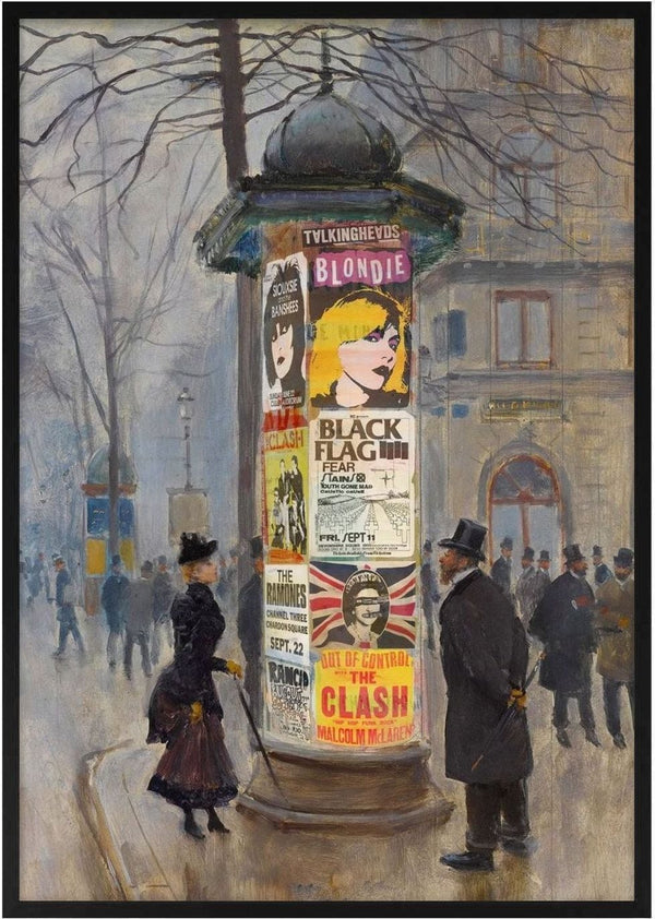 Punk concerts by Dikhotomy — a Belle Époque street column papered with punk gig posters for Blondie, The Clash and Black Flag