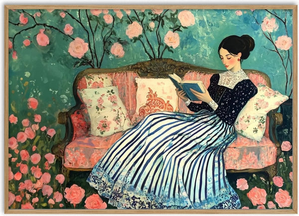 Reading by Annika Persson - a woman reading on a coral sofa surrounded by pink roses