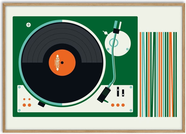 Record Player by Bo Lundberg - a turntable in dark green with a black record and an orange label
