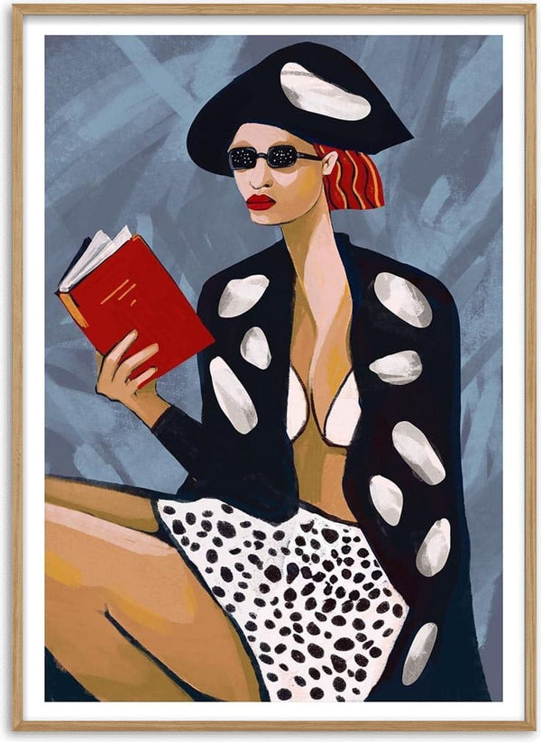 Stylized woman in sunglasses and polka dot outfit reading a red book, from "Red Book Thoughts" by Martina Karlsson.